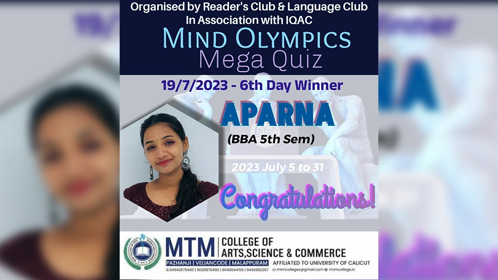 Mind Olympics Mega Quiz 2023 Winners – Students (6th Day- 19/7/2023) Aparna (BBA 5th Sem)