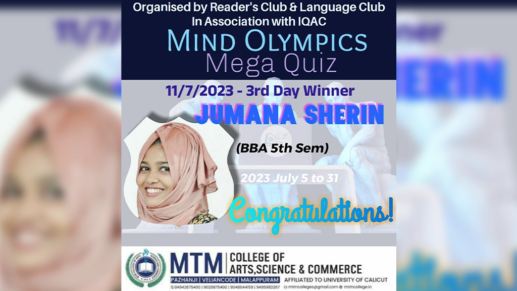 Mind Olympics Mega Quiz 2023 Winners – Students (3rd Day- 11/7/2023) Jumana Sherin (BBA 5th Sem)