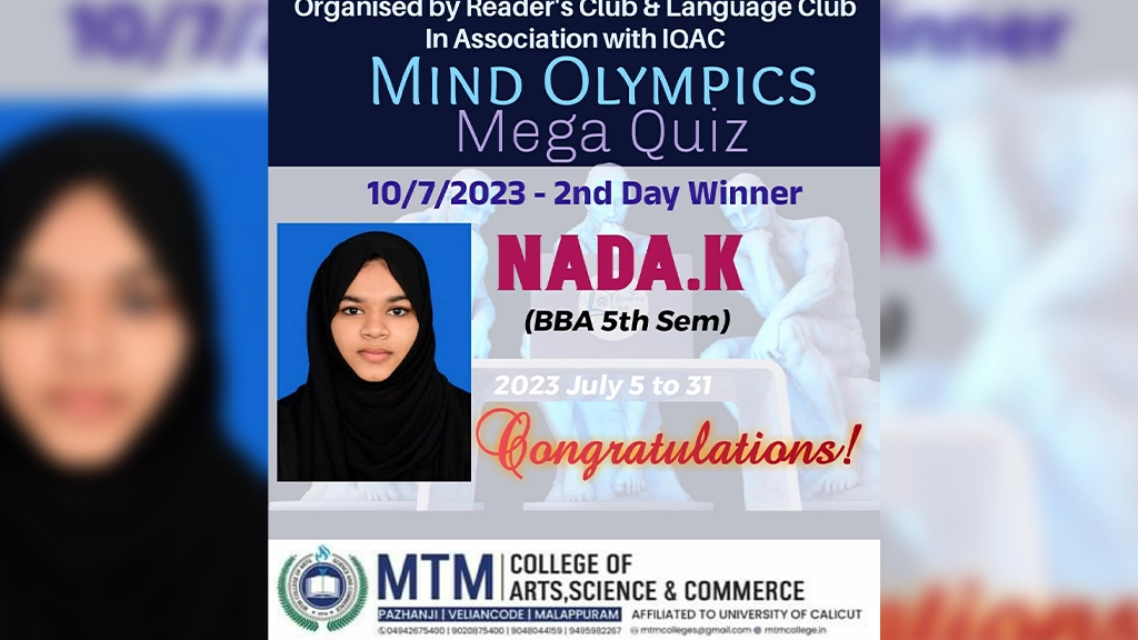 Mind Olympics Mega Quiz 2023 Winners (2nd Day- 10/7/2023) Nada K (BBA 5th Sem)