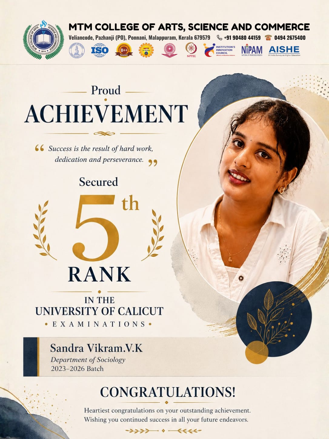 MTM College Student Secures 5th Rank in University of Calicut Examinations